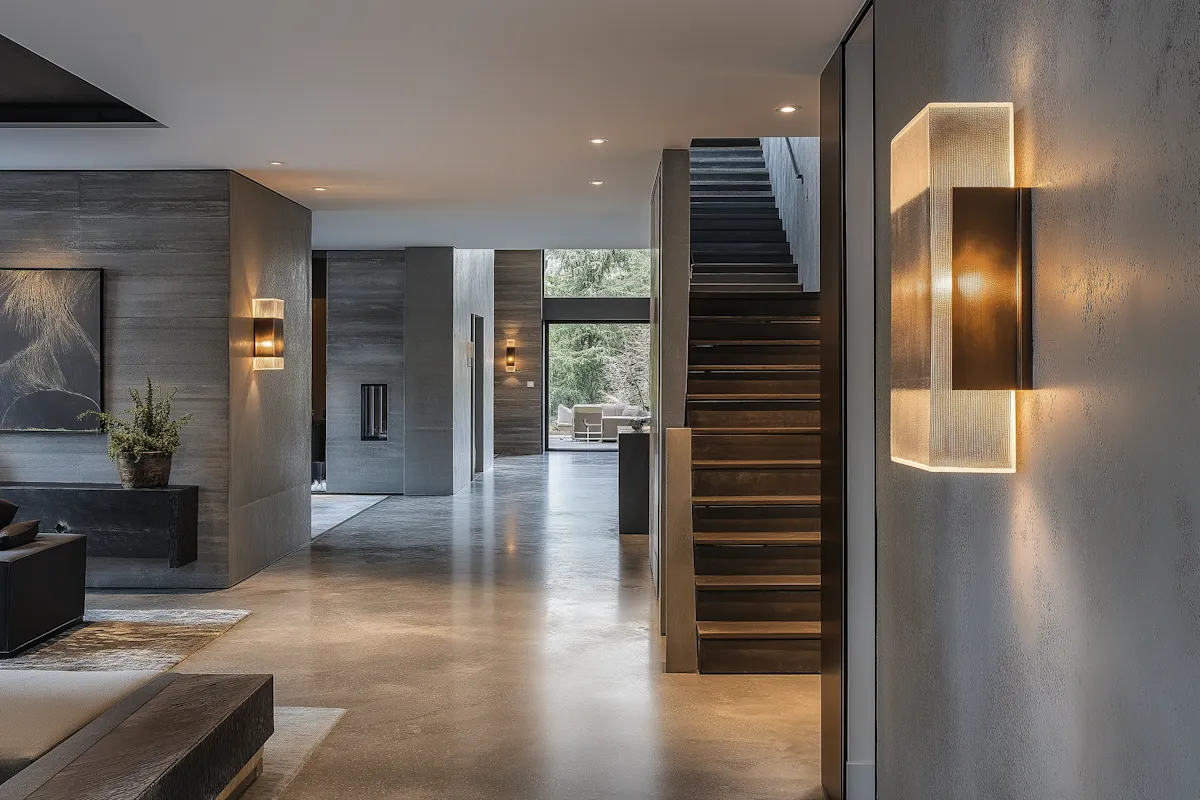 A modern interior with wall sconces and recessed lighting